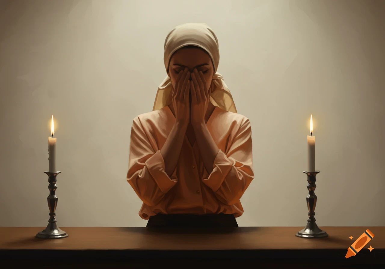 A woman with a head covering stands at a table with two lit candles, her face covered by her hands, in a painterly style.