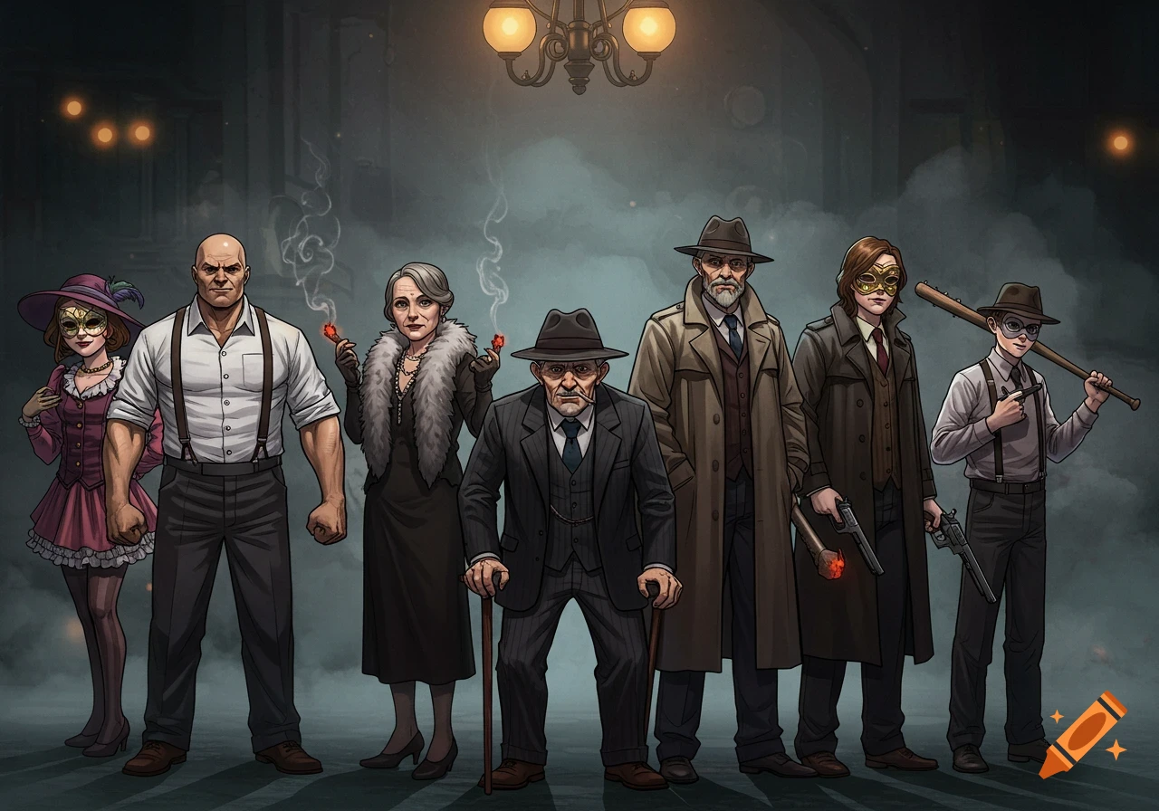 A cartoonish illustration of seven mysterious characters, including a muscular man, an old woman in fur, an old man with a cane, a masked woman, and a boy with a baseball bat, standing in a dimly lit, smoky room.