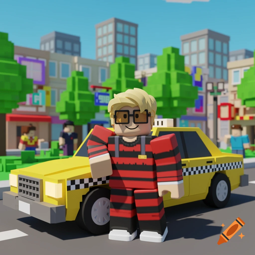 A blond Roblox-style character in a red and black striped jumpsuit stands in front of a yellow taxi in a blocky city scene.