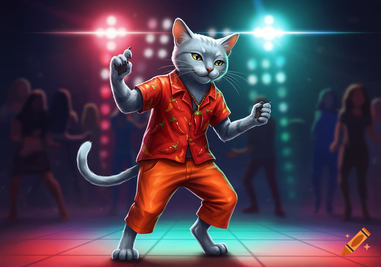 A cool cartoon grey cat wearing a red chili pepper shirt and orange pants dances in a disco with red and blue lights and blurred figures in the background.