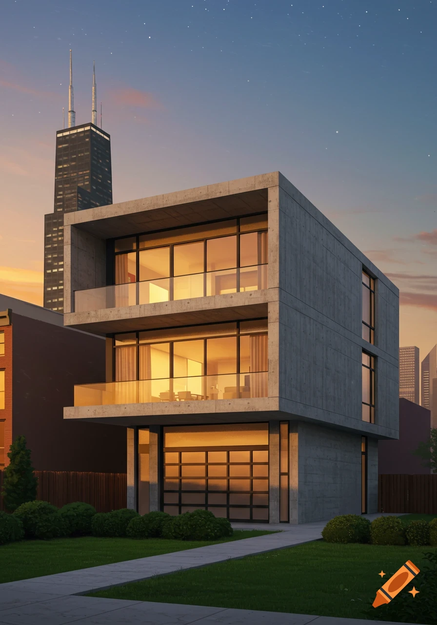 A photorealistic modern concrete and glass house at dusk, with a prominent skyscraper in the Chicago skyline.