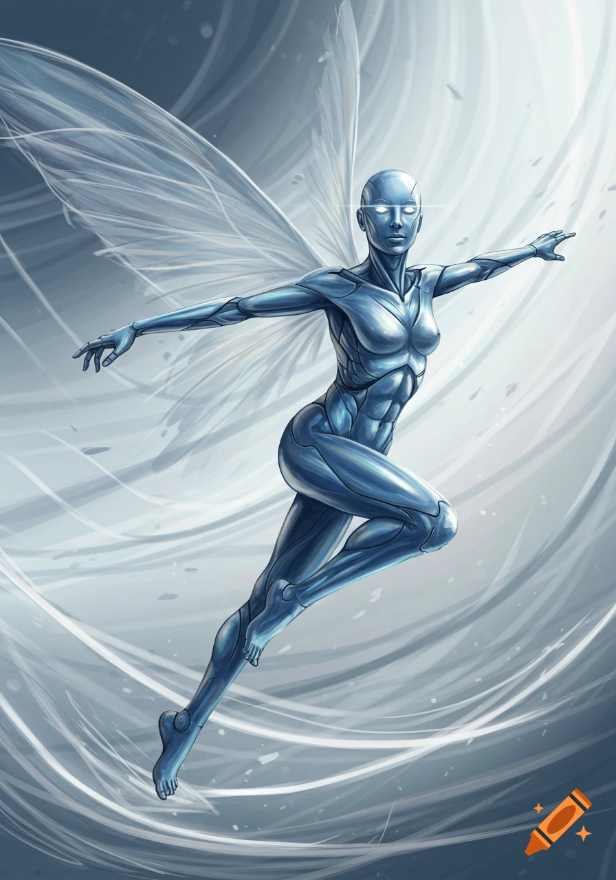 A metallic blue-grey android figure with translucent wings flies against a swirling light background.