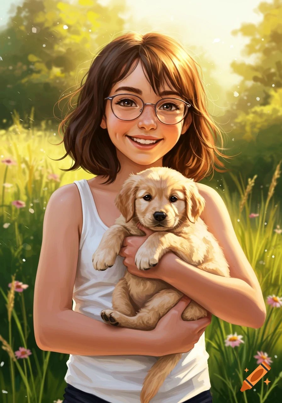 A smiling girl with glasses holds a golden retriever puppy in a sunny field with flowers, in an illustrative style.