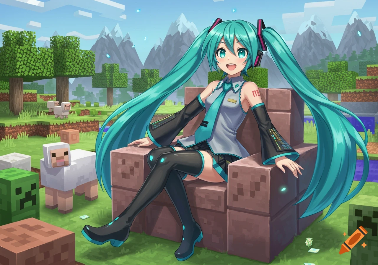 Hatsune Miku, an anime character, sits on a block bench in a pixelated Minecraft landscape with sheep and a Creeper.