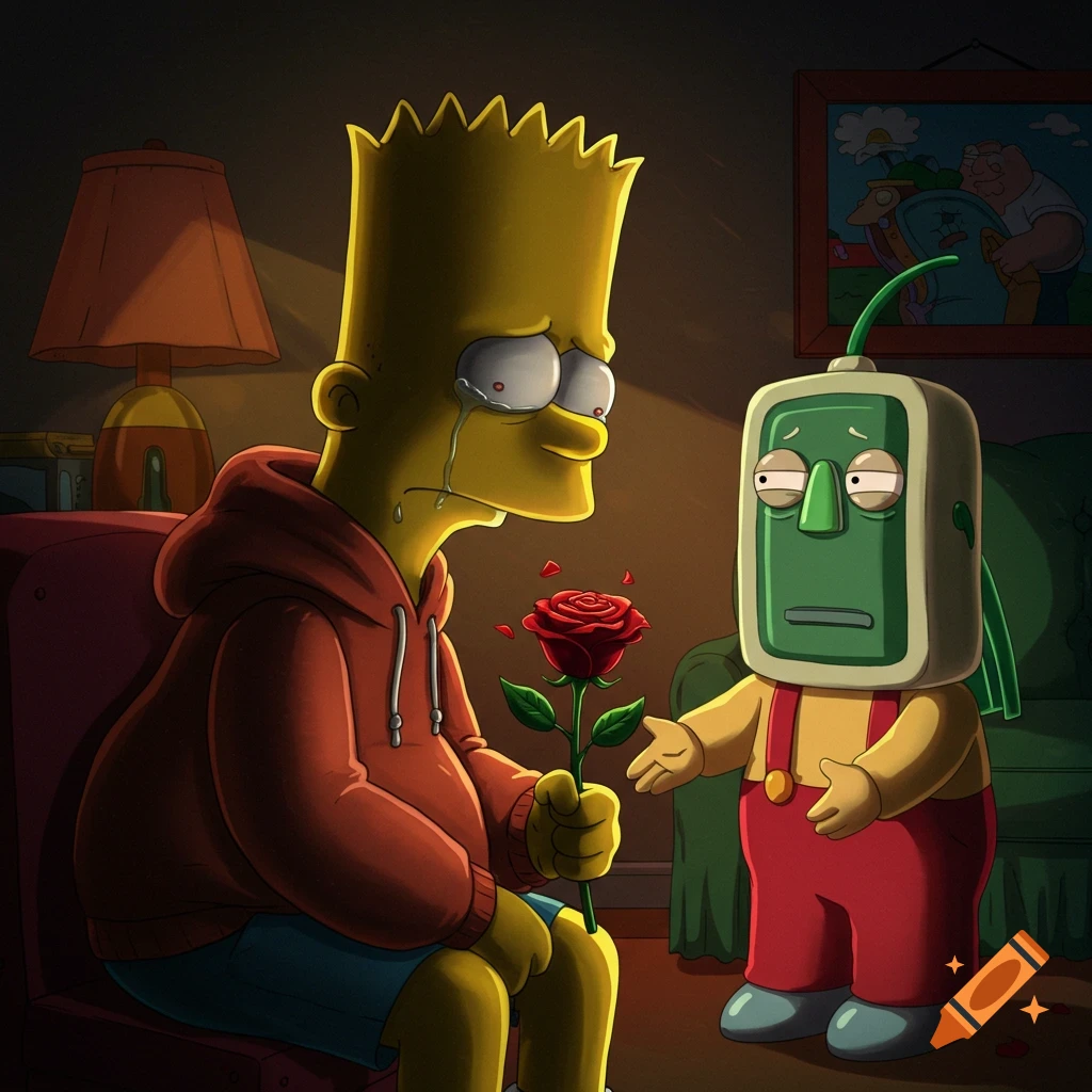 Crying Bart Simpson in a red hoodie holds a rose as a green, robot-like character attempts to comfort him in a dimly lit room.