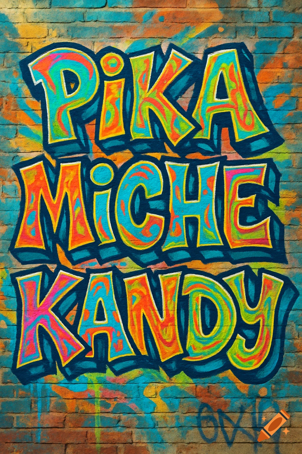Vibrant graffiti art on a brick wall, spelling out 'PIKA MICHE KANDY' in colorful, bold letters.