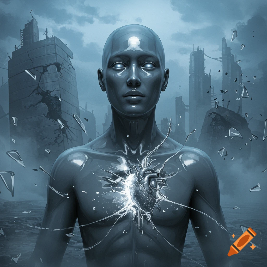 A bald, dark-skinned humanoid figure with glowing eyes stands in a ruined city, chest broken to reveal a glowing heart.