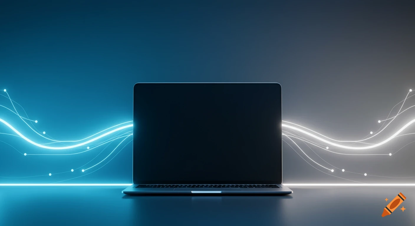 A modern laptop with a blank screen on a reflective surface, flanked by glowing blue and white data lines against a gradient background.