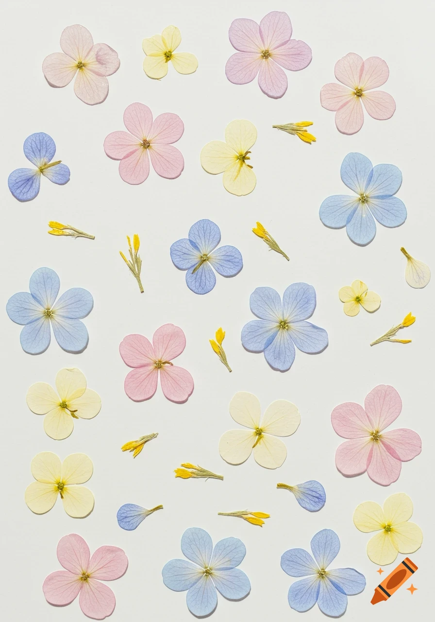 A flat lay of pastel pressed flowers in shades of lavender, pink, blue, and white, with yellow accents, scattered on a light background.