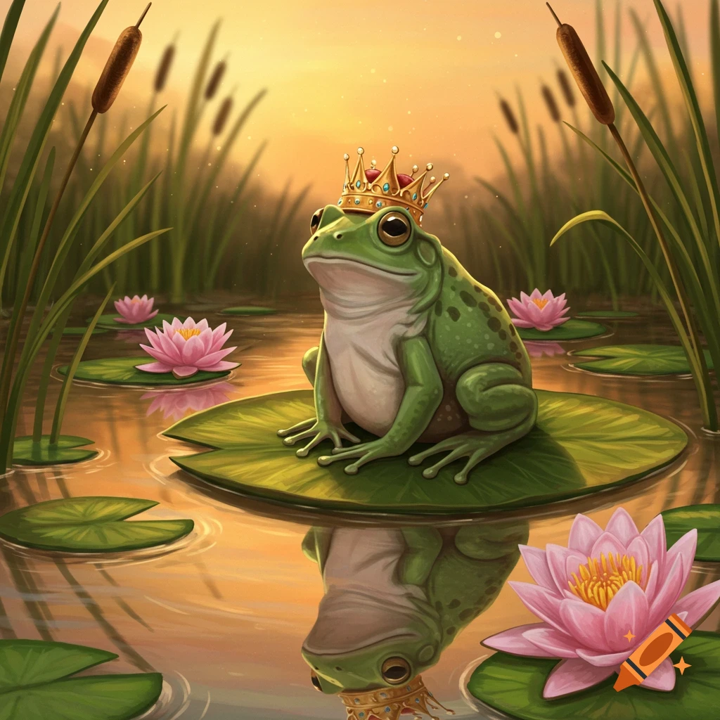 A cute green frog wearing a golden crown sits on a lily pad in a pond with pink water lilies and cattails, reflecting in the water at sunset.