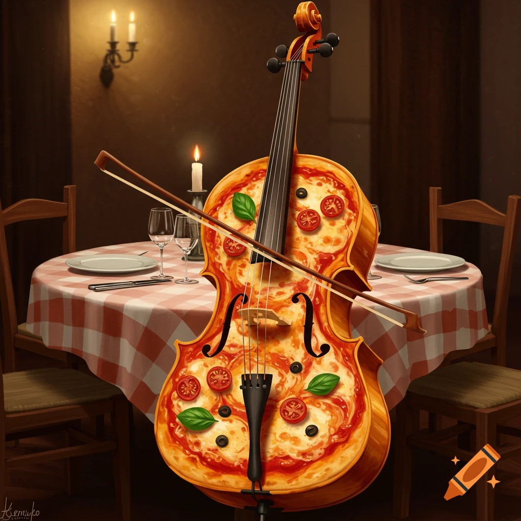 A cello with a pizza as its body, complete with toppings, stands by a dining table in a dimly lit restaurant.