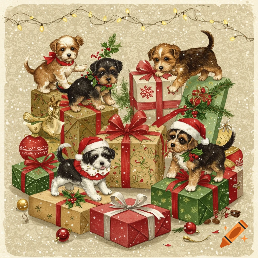 Vintage illustration of five puppies surrounded by Christmas presents and decorations, with falling snow.