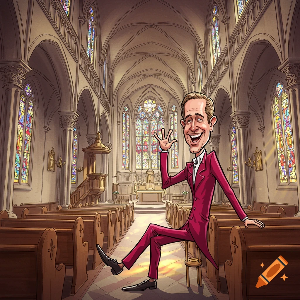 A caricature of a smiling man in a red suit sitting in the aisle of a church with stained glass windows.