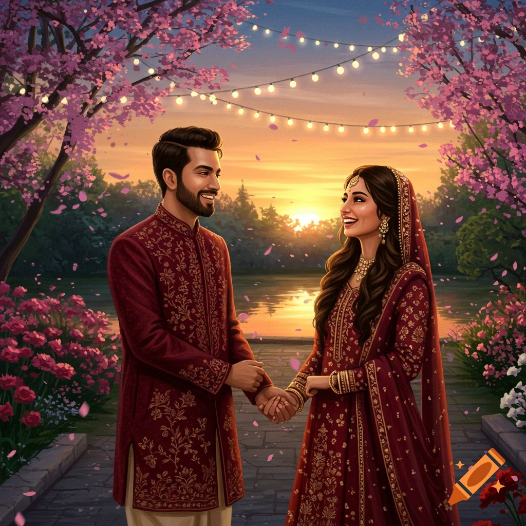A couple in traditional red attire holds hands under a sky with cherry blossoms and string lights at sunset, beside a lake.