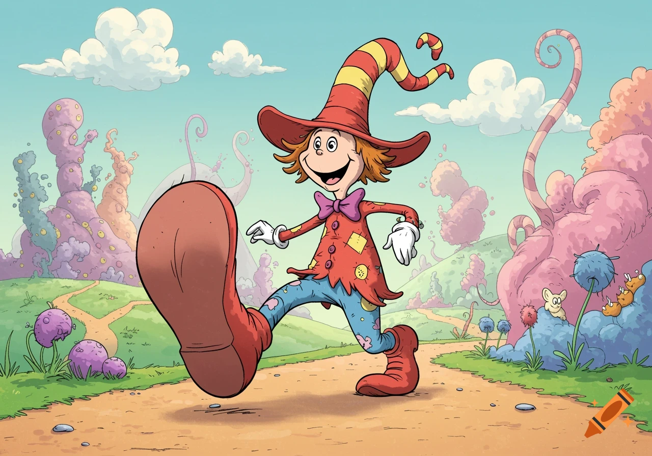 A Dr. Seuss-style cartoon character with a striped hat and patched coat walks on a path in a whimsical landscape with large front foot in foreground.