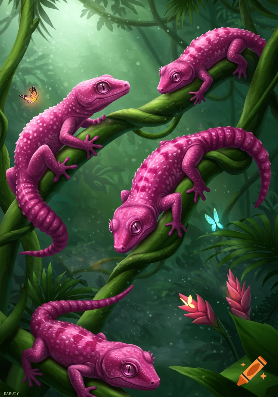 Several vivid pink geckos on green jungle vines, with glowing butterflies and flowers in an illustrated, fantastical style.