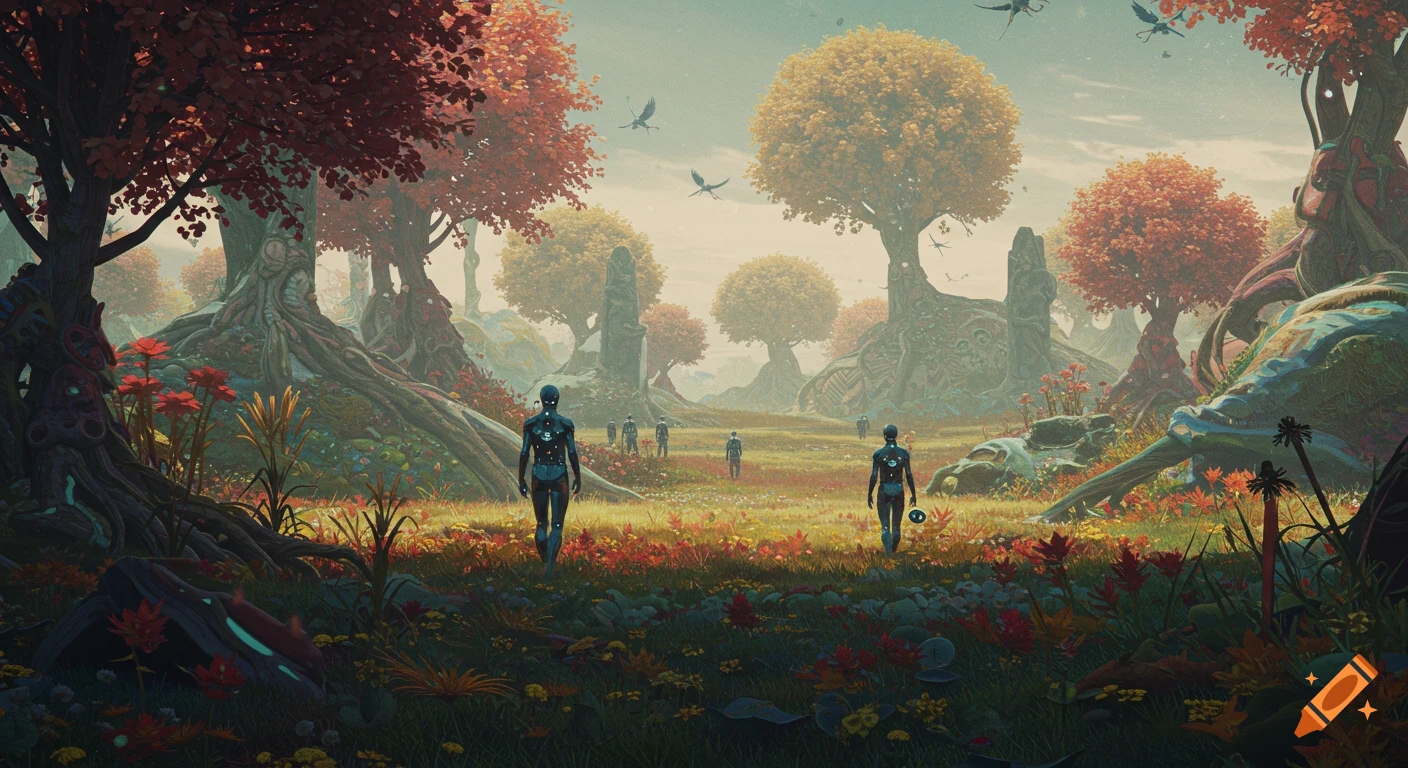 Abstract art painting of futuristic travelers walking through a vibrant, otherworldly landscape with large, colorful trees and exotic plants.