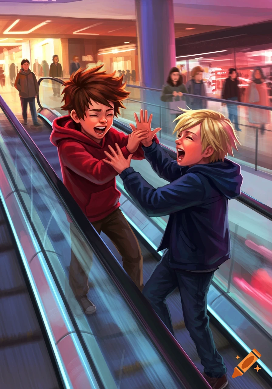 Two happy boys with brown and blonde hair play-fighting on an escalator in a brightly lit mall, cartoon illustration.