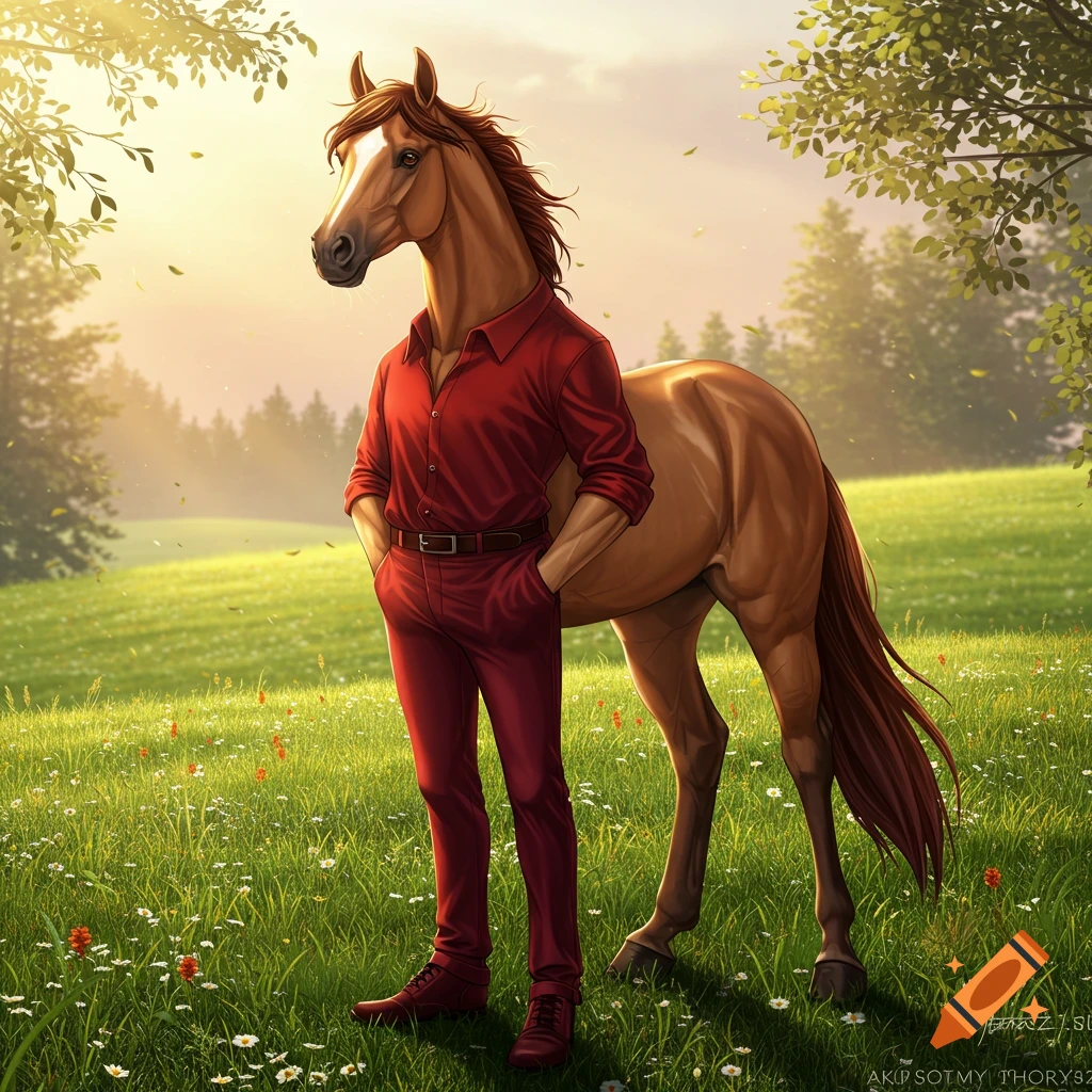 A horse-headed man in a red shirt and maroon pants stands in a sunny green field with wildflowers.