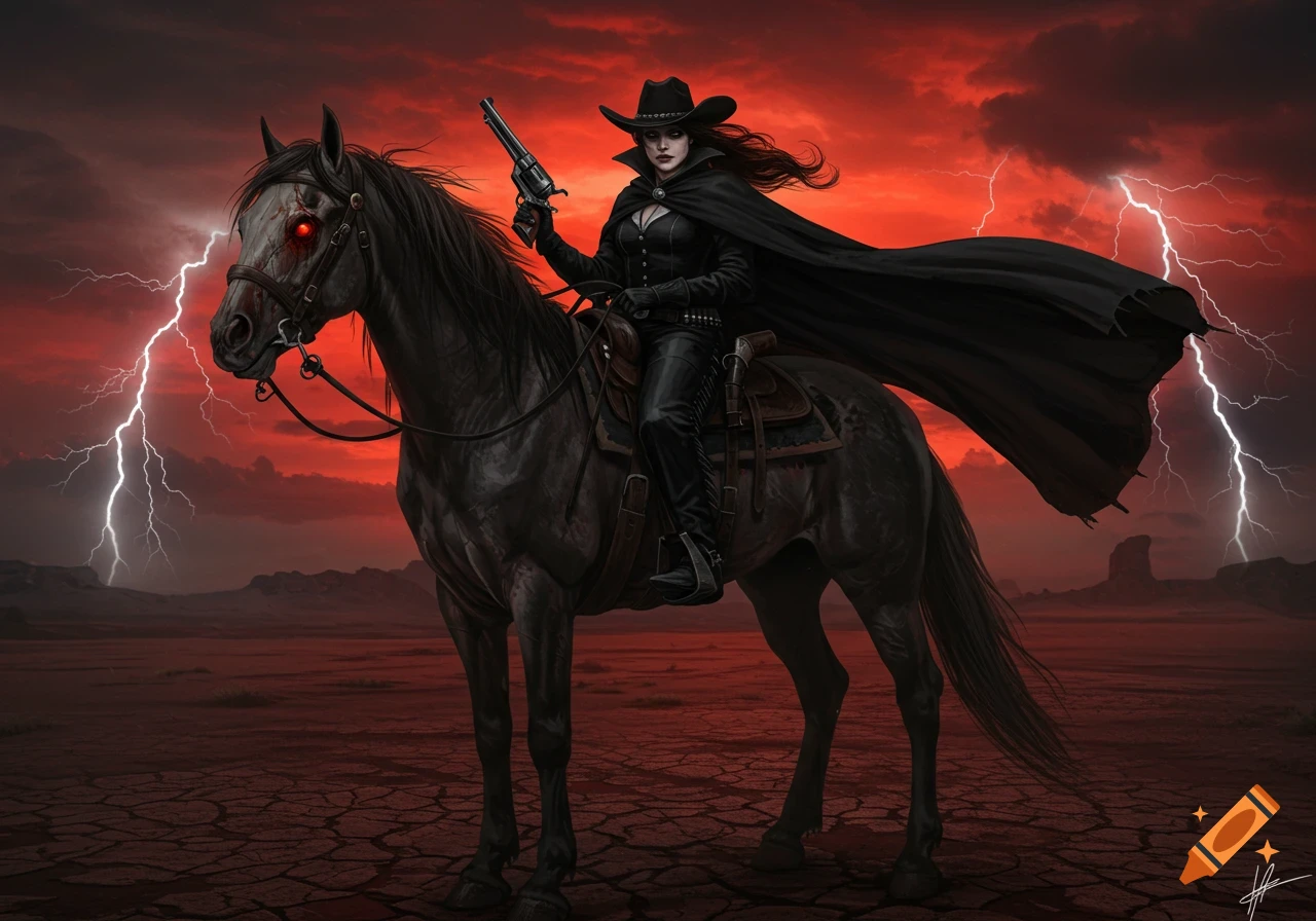 A gothic cowgirl in black with a cape, on a dark horse with red eyes, set against a blood-red sky with lightning.