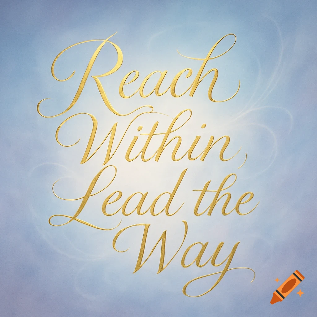 Golden calligraphy reads 'Reach Within, Lead the Way' against a soft blue and white background.