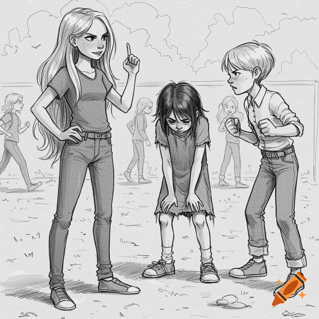 Black-and-white sketch illustration of a tall blonde girl confronting a smaller, sad girl, while a boy with clenched fists glares at the blonde girl. Other children are in the background.