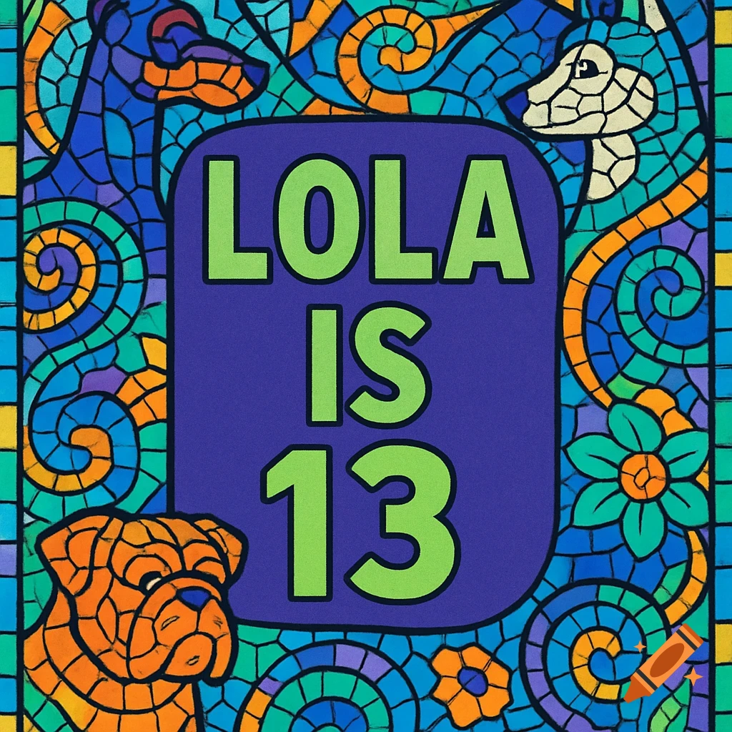 Colorful stained glass mosaic art with dogs around a central panel that reads 'LOLA IS 13'.