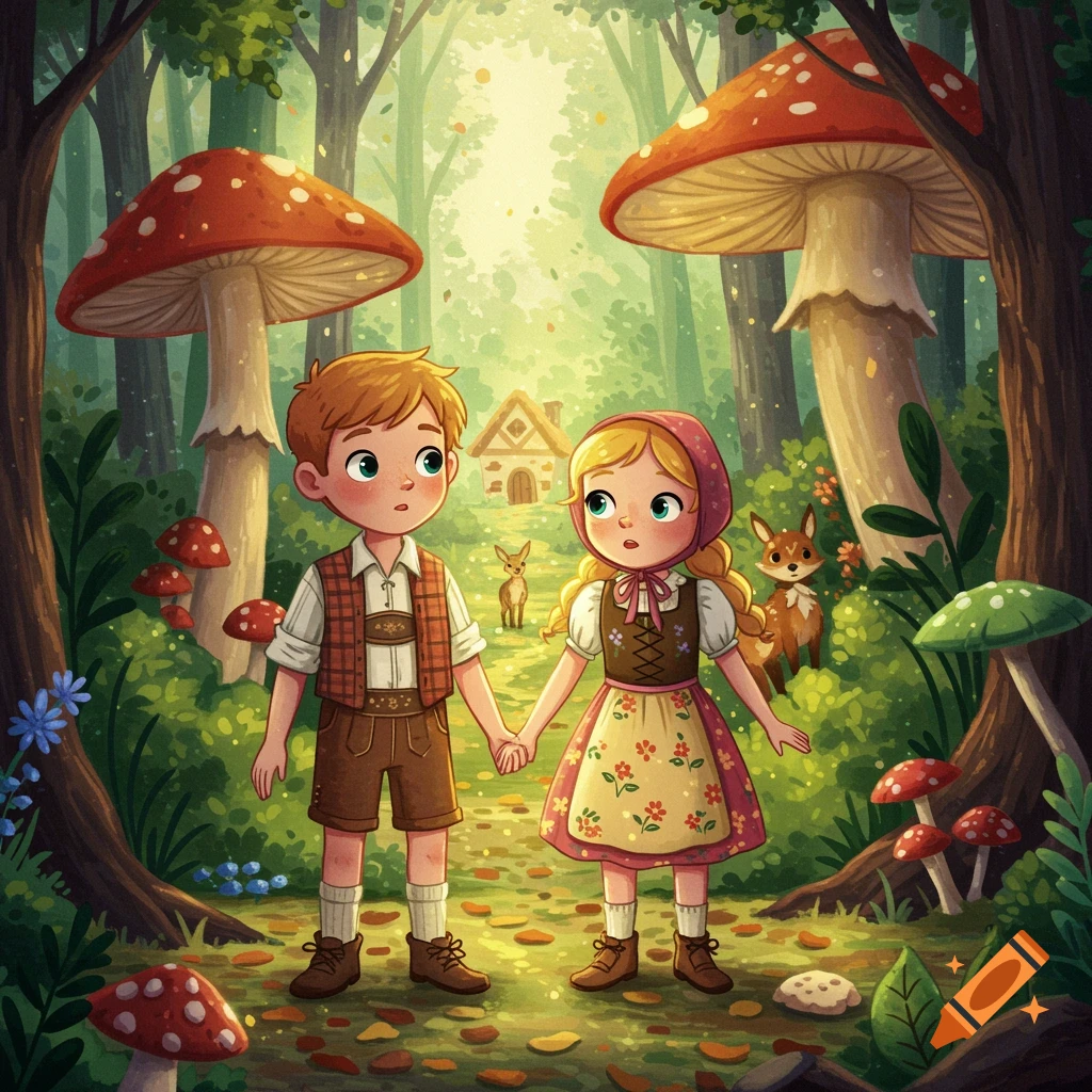 Cartoon illustration of a boy and girl, resembling Hansel and Gretel, holding hands in a magical forest with giant mushrooms and a cottage.