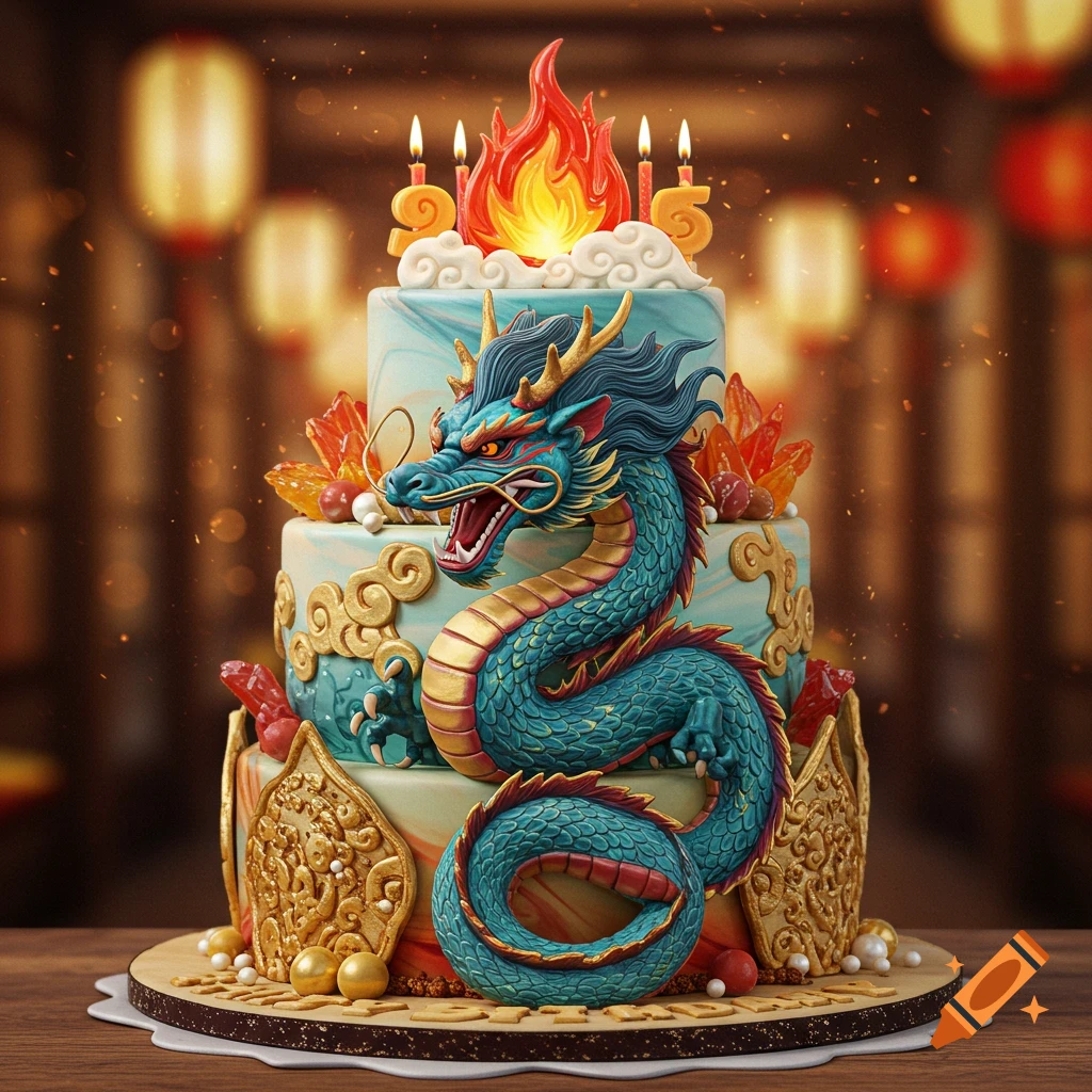 A vibrant three-tiered birthday cake featuring a detailed blue and gold dragon, topped with candles and a fiery design, set against a blurred background of glowing lanterns.