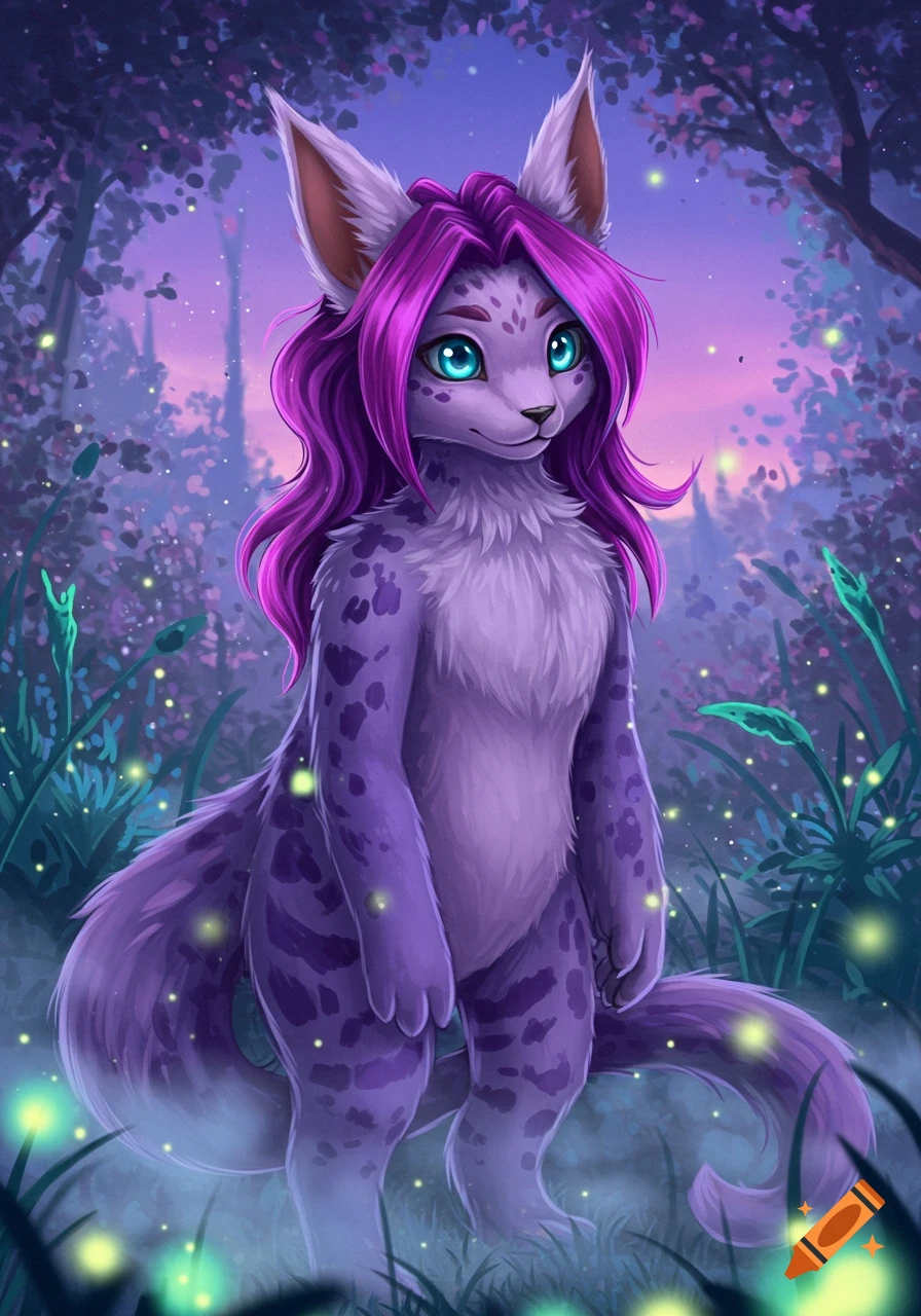 A purple furry creature with long purple hair and large blue eyes stands in a magical forest with glowing fireflies, digital illustration.