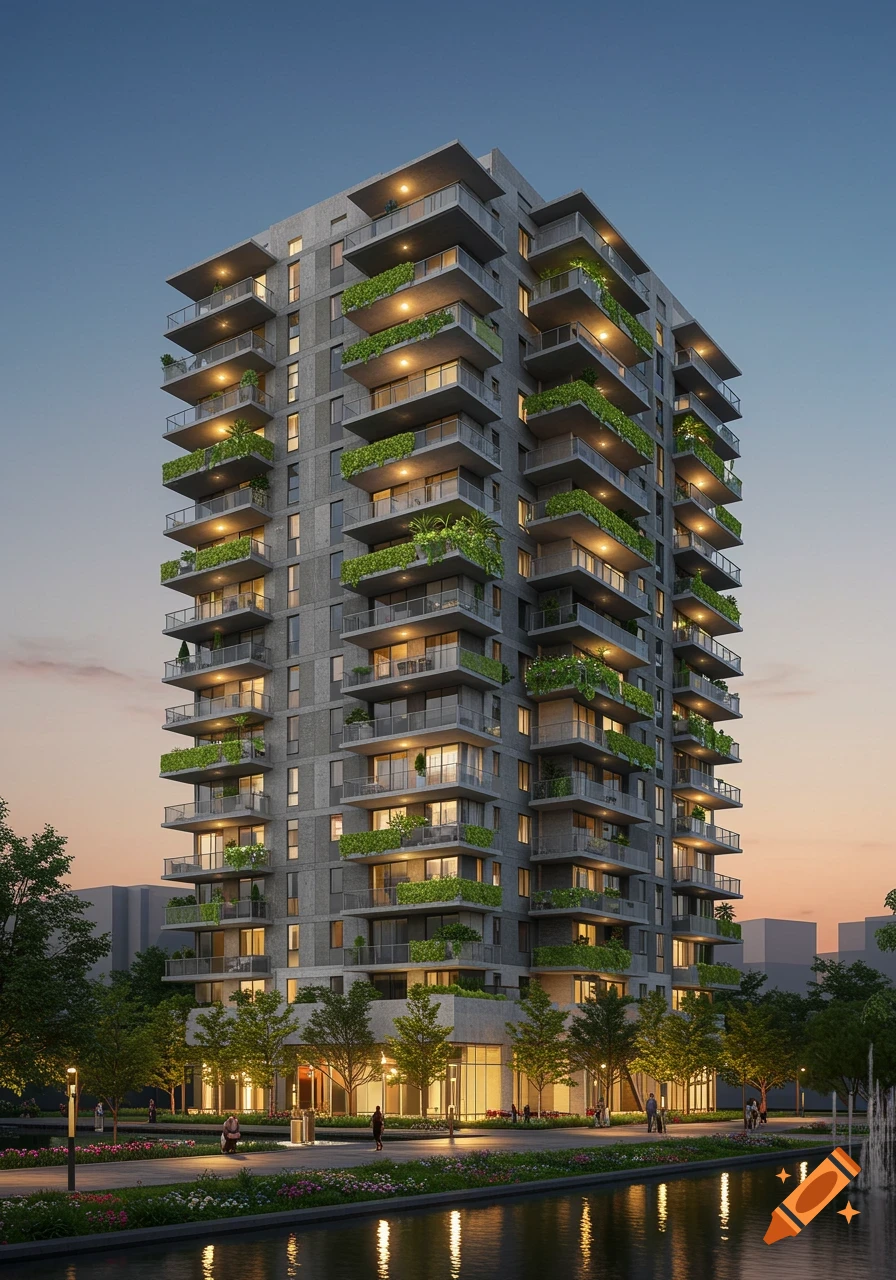 A tall modern residential building with balconies covered in green plants, illuminated at dusk. A reflective pond and pathway with trees are in the foreground.