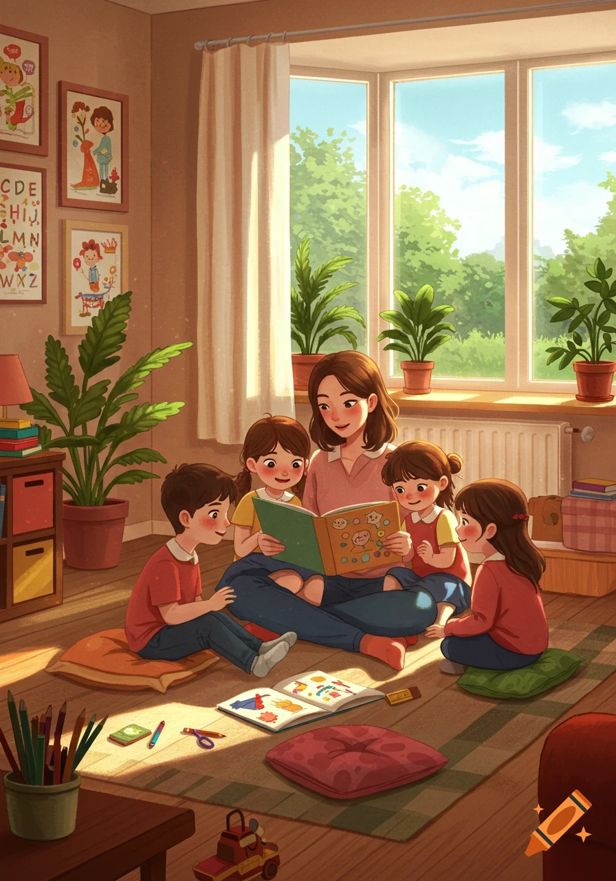 An illustrated scene of a mother reading a book to four young children on the floor in a sunlit room filled with plants and children's drawings.