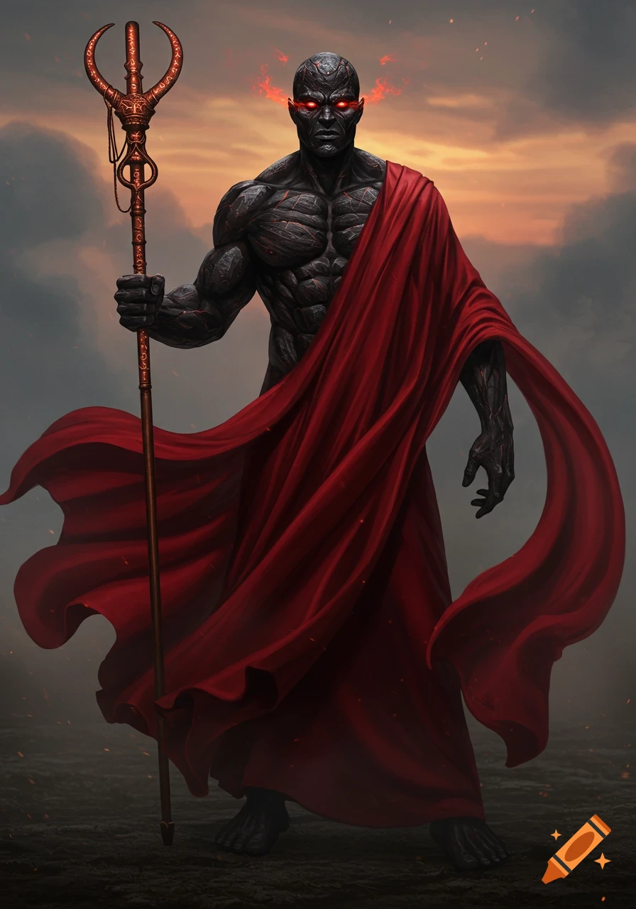 A hulking, dark figure with glowing red eyes and stone-like skin, draped in a flowing red robe, holds a bronze staff.
