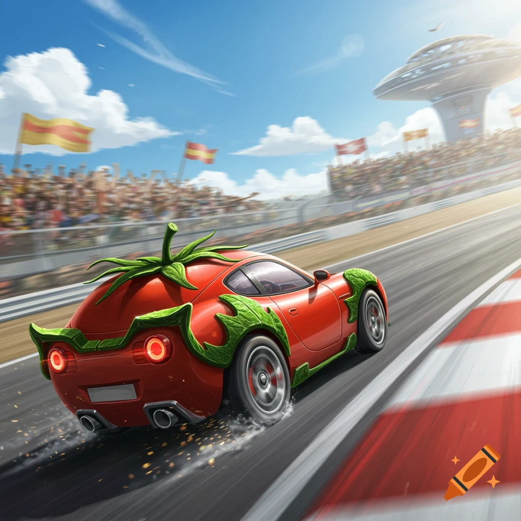 A vibrant red sports car, shaped like a tomato with green leaves, speeds along a race track in front of a cheering crowd and futuristic stadium.