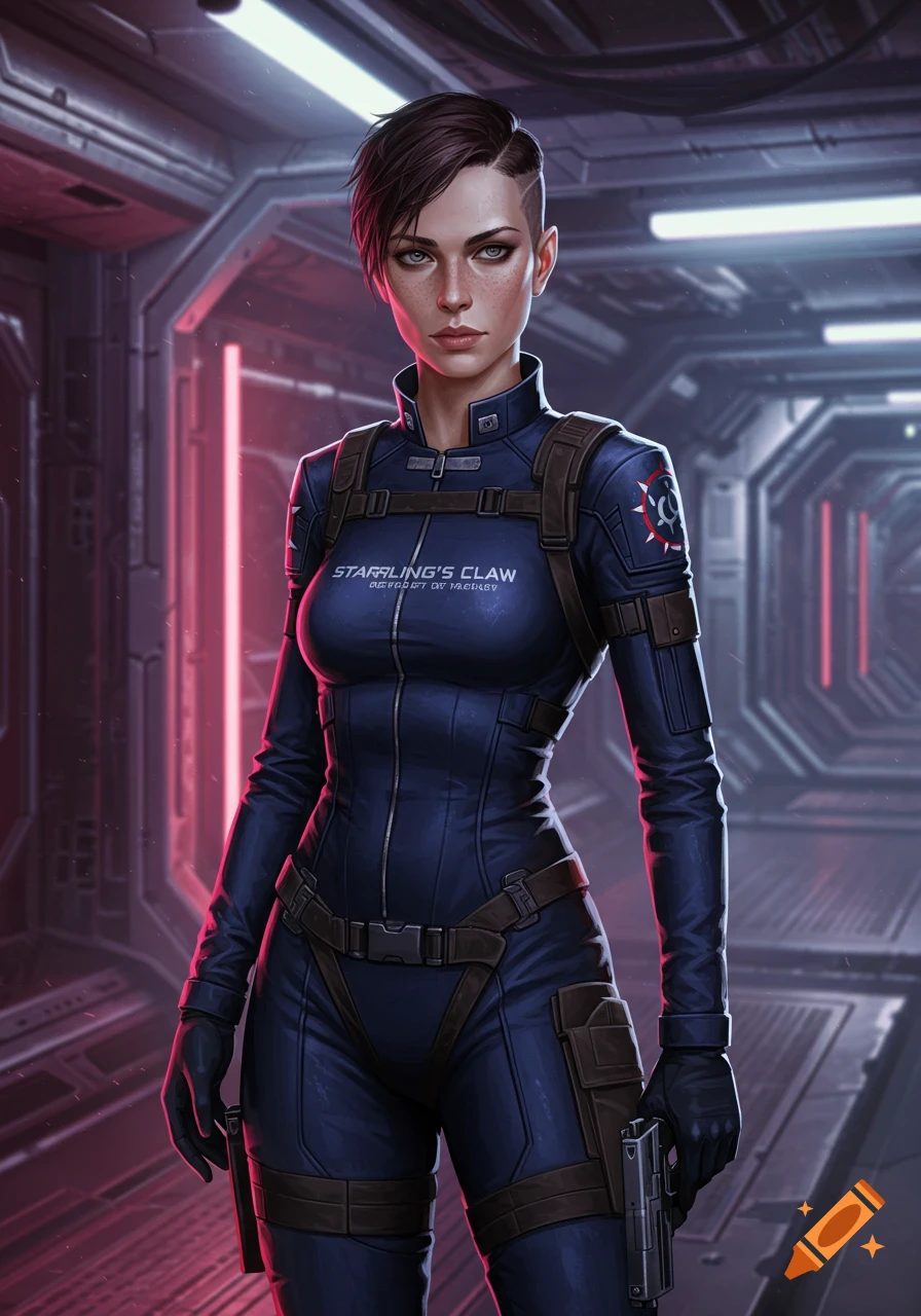 A female character in a futuristic blue jumpsuit and armed, stands in a neon-lit sci-fi corridor.