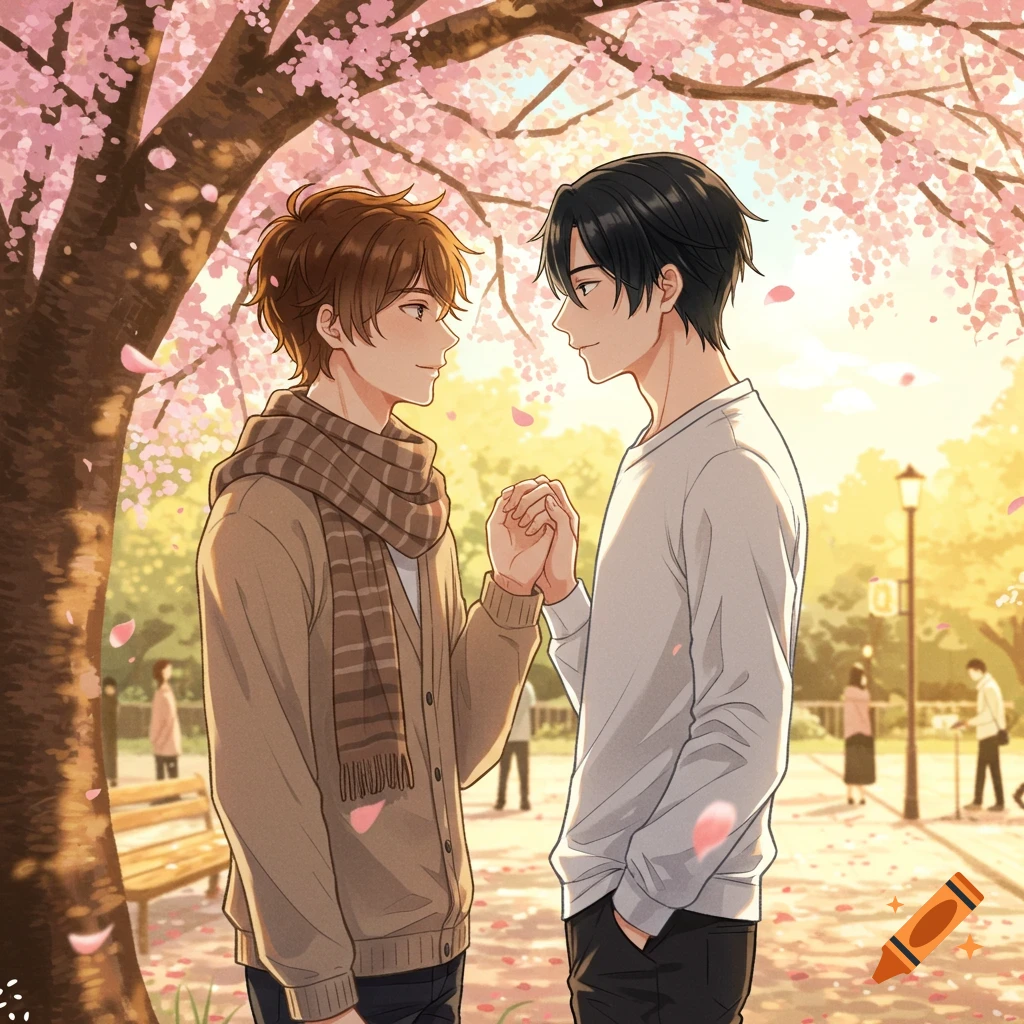 Two anime-style young men hold hands under a cherry blossom tree, surrounded by falling pink petals in a park.