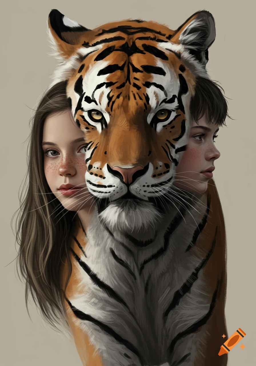 A surreal digital painting of a tiger's head merged with the faces of a girl and a boy.
