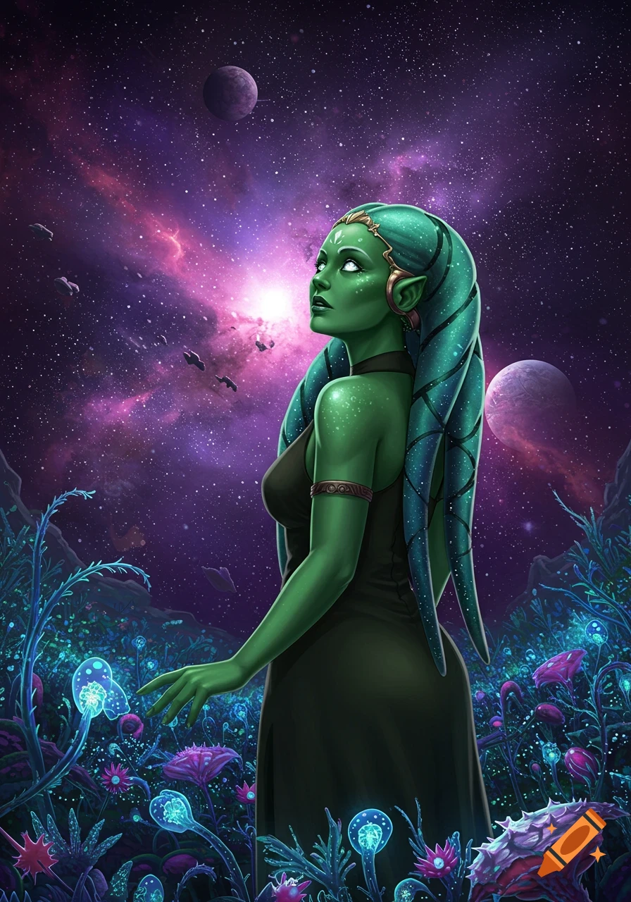 A green alien woman with long, teal lekku looks up at a vibrant purple galaxy and planets from a field of glowing alien plants.