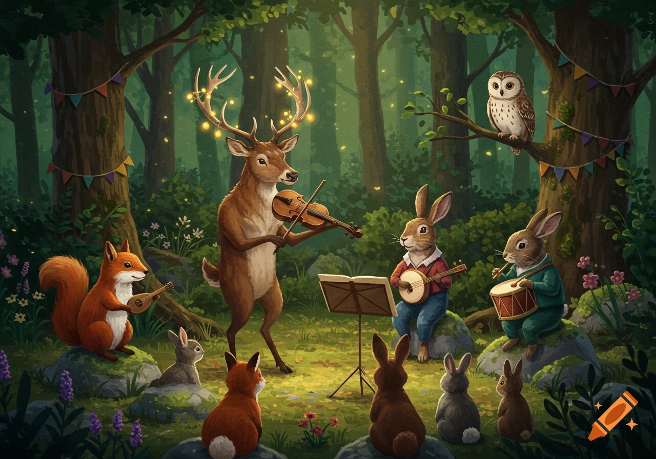 Whimsical illustration of woodland animals: a deer plays violin, rabbits play banjo and drum, a fox plays lute, and an owl watches, in a magical forest with string lights and banners.