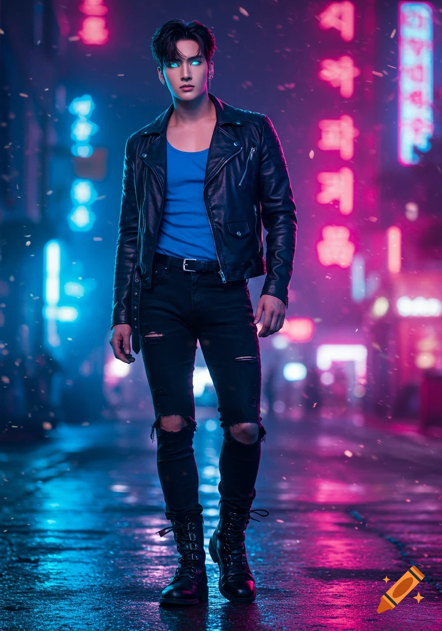A photorealistic image of a Korean male with black hair and bright blue eyes, wearing a black leather jacket, blue tank top, ripped black jeans, and black boots, standing on a wet city street at night with neon lights in the background.