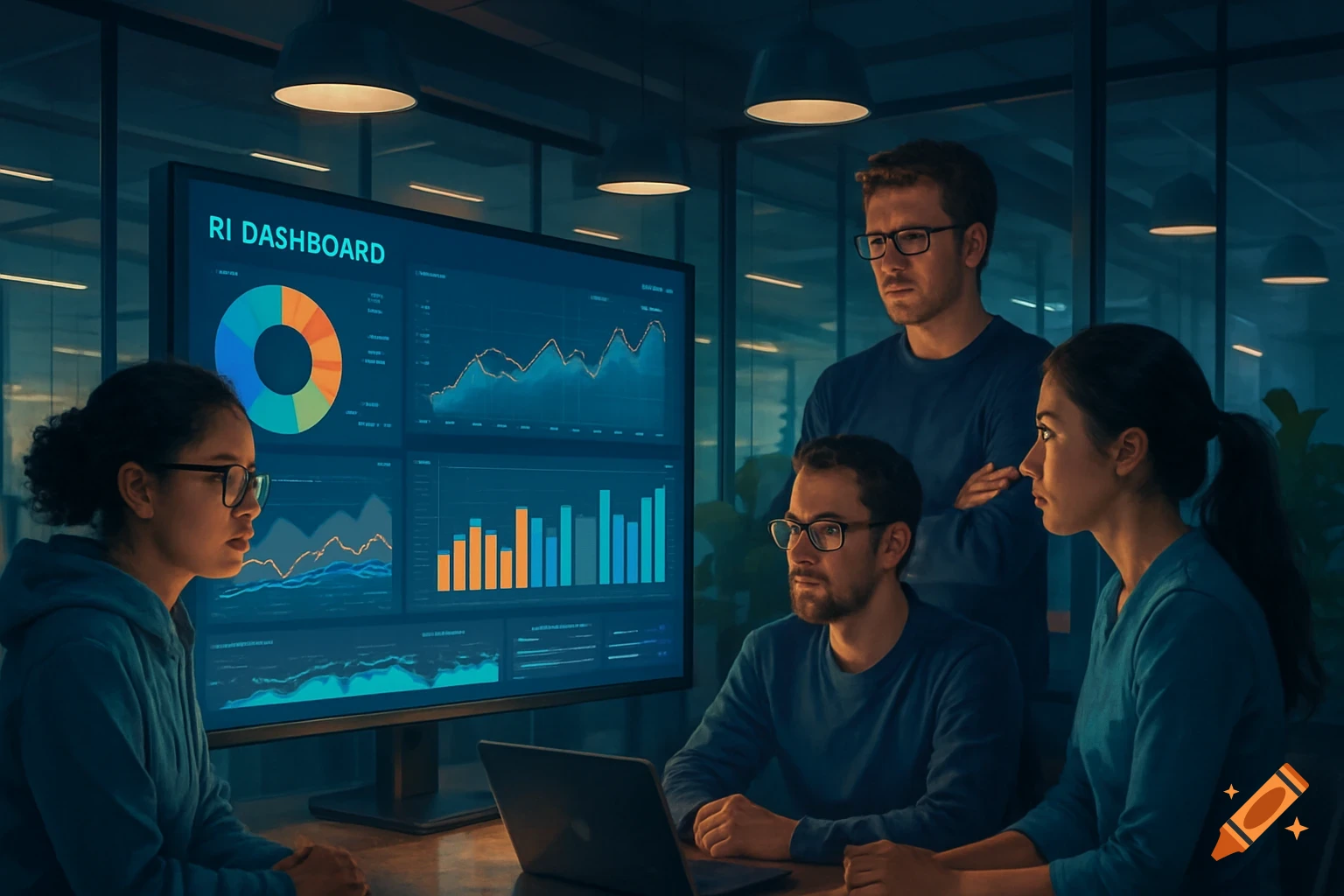 A diverse team of professionals in a dark, modern office analyzing data on a large monitor displaying charts and graphs.
