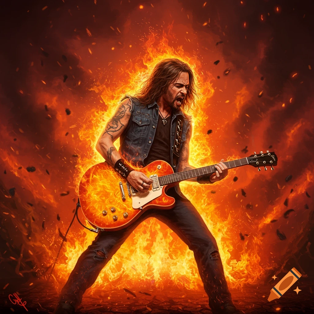 A long-haired male rock guitarist intensely plays a flaming orange-red electric guitar amidst swirling fire and smoke. Photorealistic style.