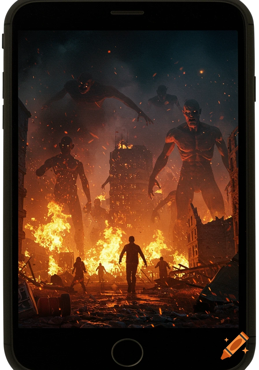 Giants rampage through a burning city at night as small human figures flee in panic.