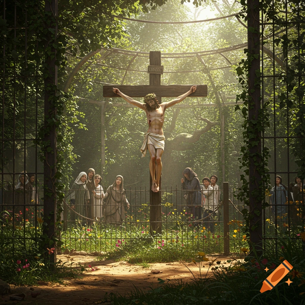 Photorealistic image of Jesus on a cross, surrounded by onlookers in a lush, sunlit garden enclosure.