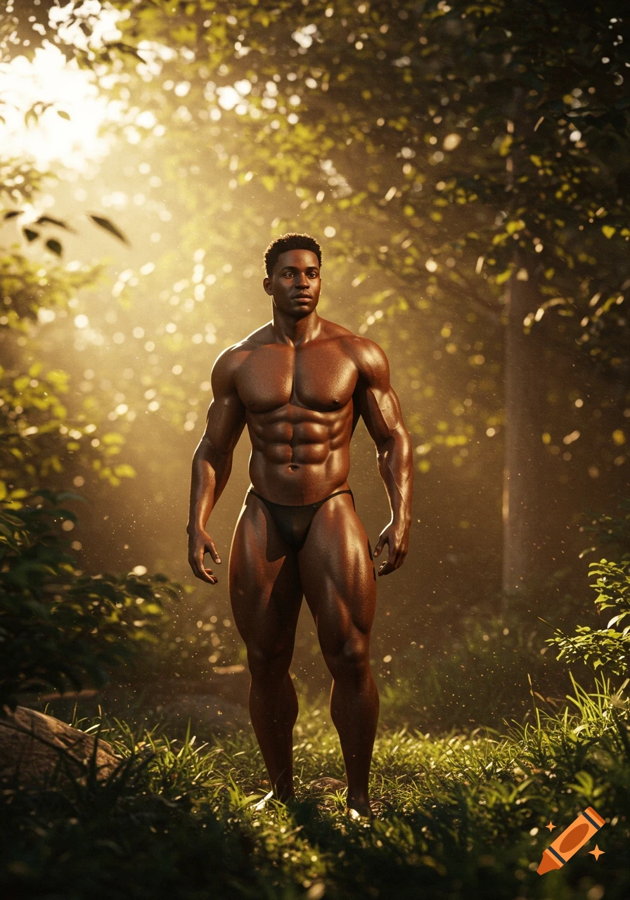 A muscular Black man in a posing brief stands in a sunlit forest, dappled light on his sculpted body.