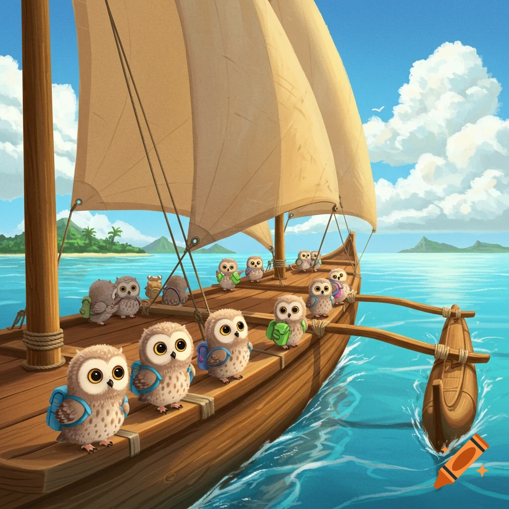 Cute owlets with backpacks sail on a Polynesian voyaging canoe across blue waters under a sunny sky.