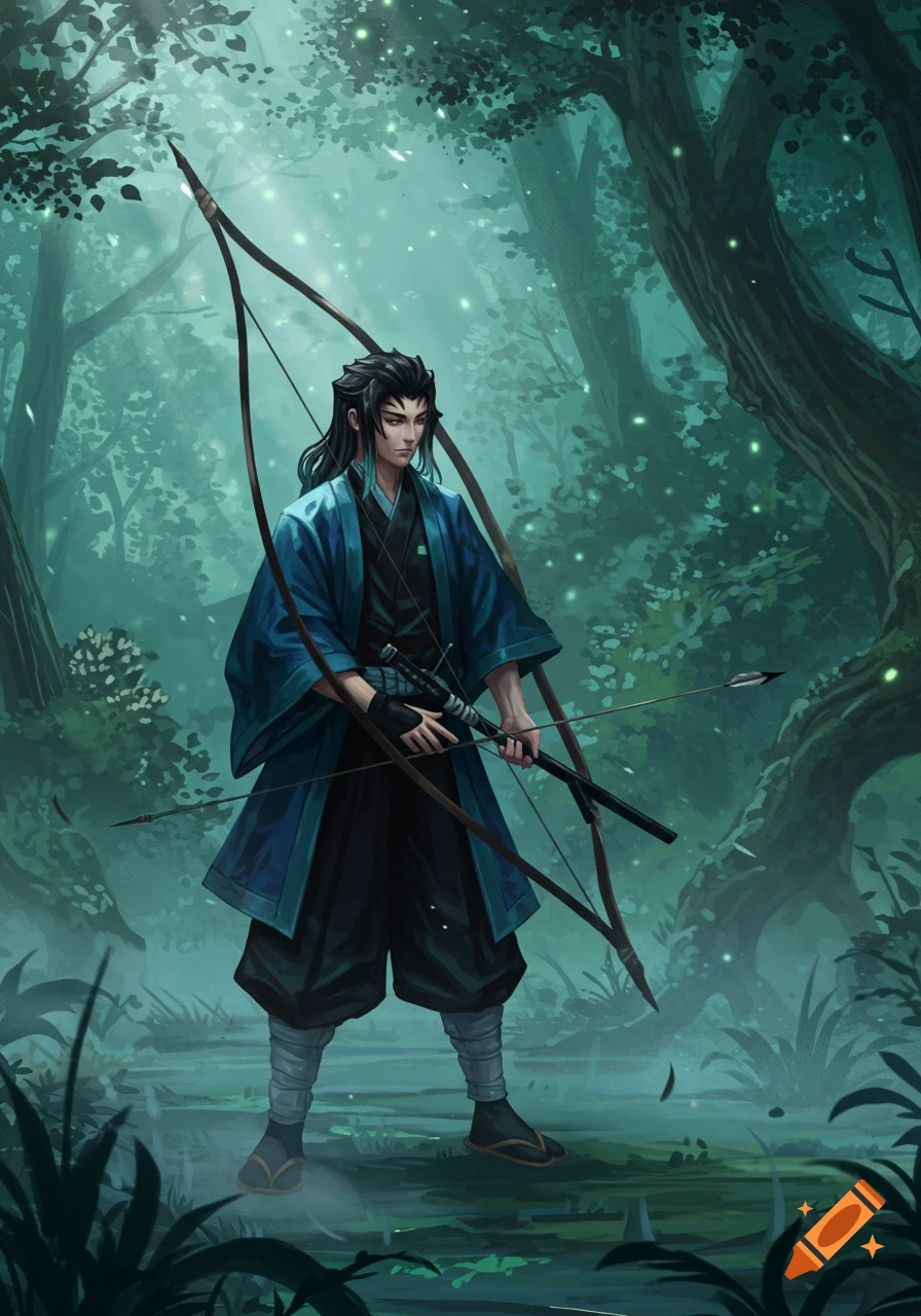 Muichiro, an anime character, stands in a dark, misty forest holding a bow and arrow, with glowing particles in the air.