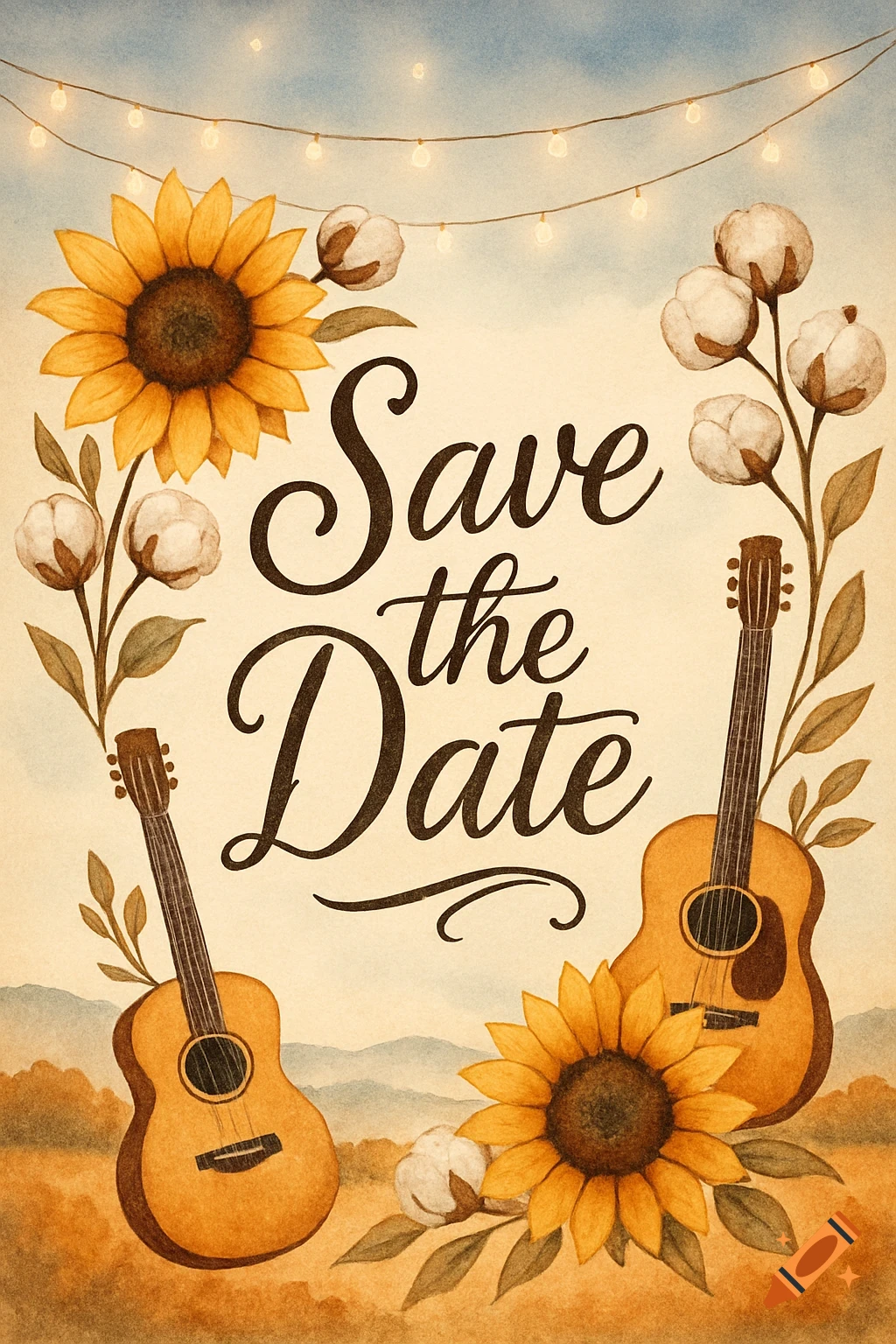 Watercolor save the date invitation with sunflowers, cotton branches, and acoustic guitars framing the text 'Save the Date'.