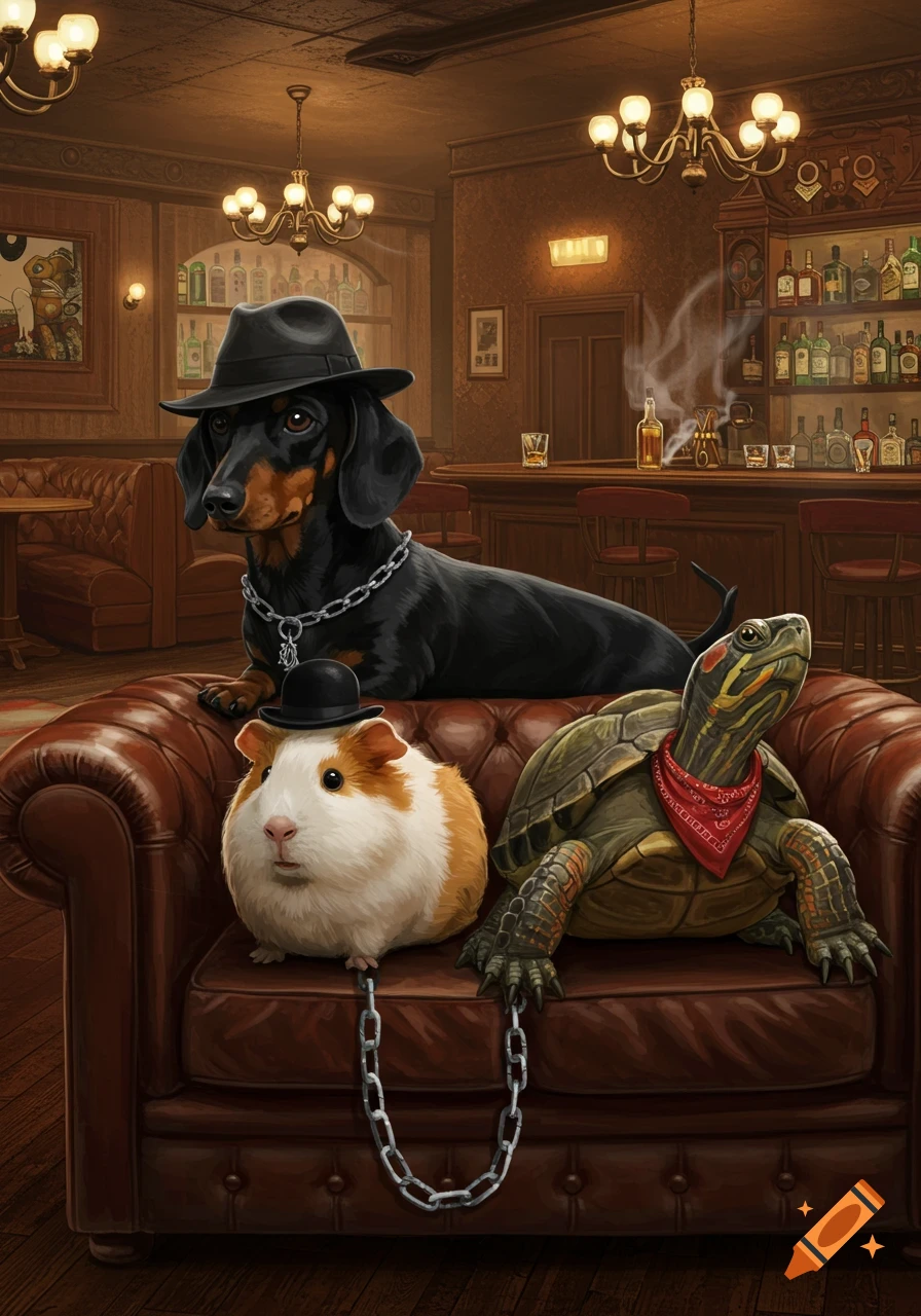 A dachshund in a fedora, a guinea pig in a bowler hat, and a turtle in a bandana, all wearing chains, sit on a leather couch in a dimly lit bar.