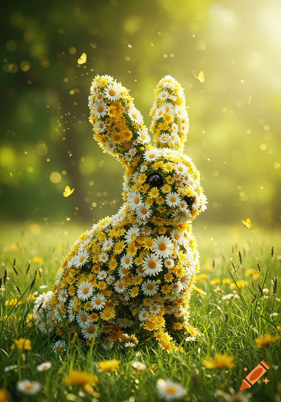 A rabbit made of white and yellow daisies sits in a sunny green meadow with butterflies.
